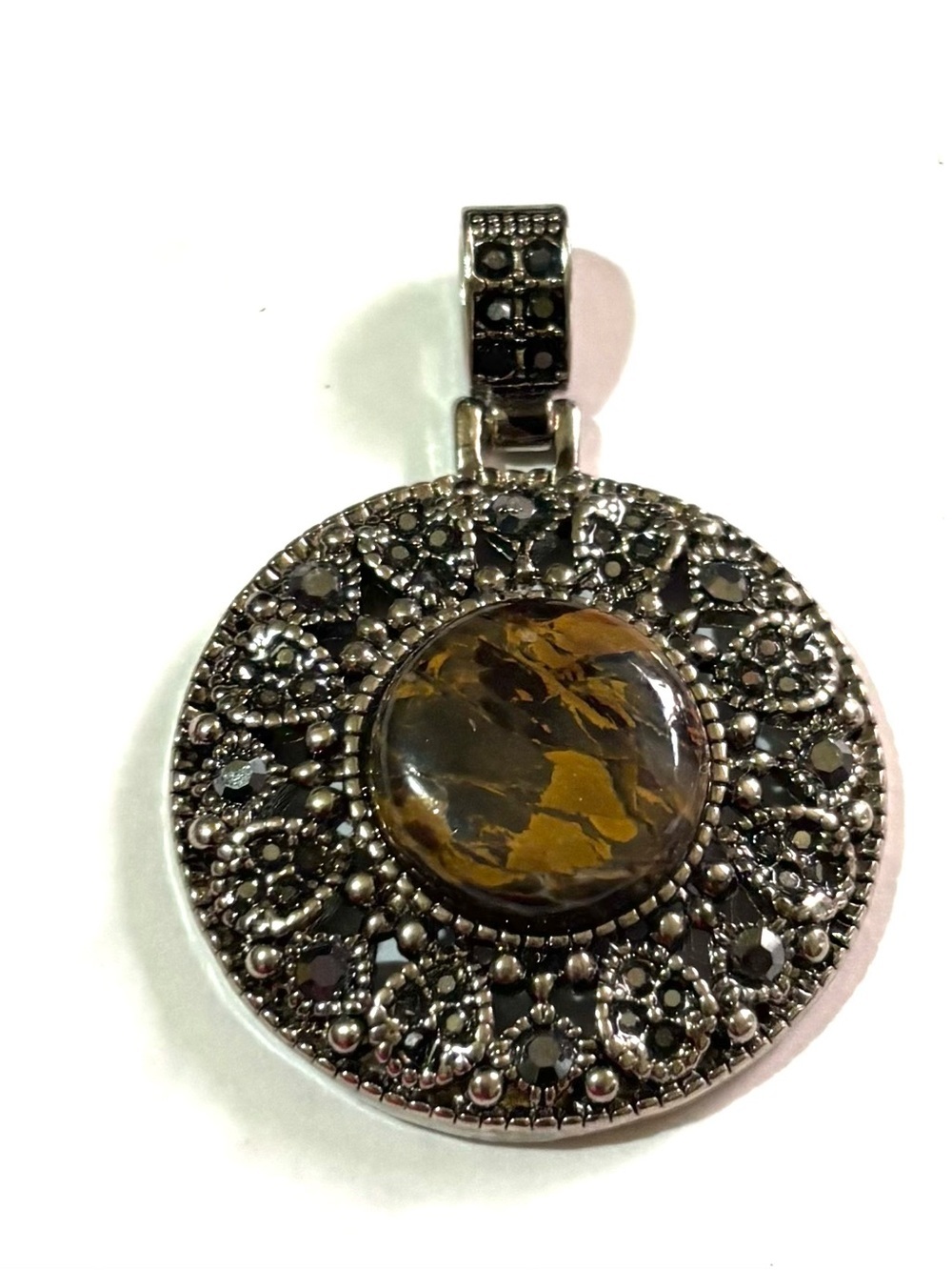 Vintage Silver-Tone Pendant with Brown and Gold Tiger Eye Center